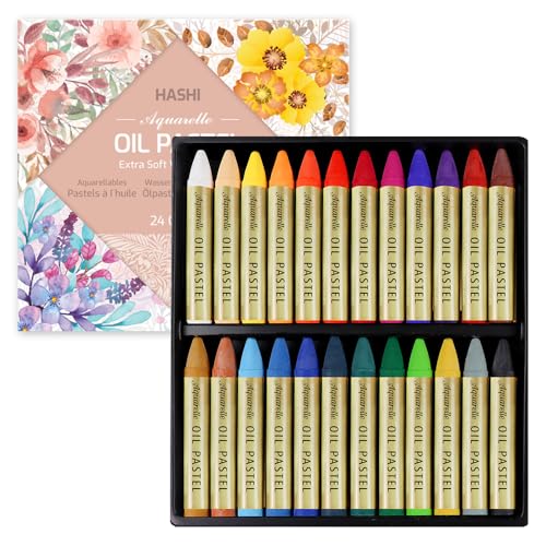 HA SHI Water-Soluble Oil Pastels for Adult Artists, 24 Colors, Blendable | Draw dry, then sweep a damp brush over the strokes to melt them into soft washes on paper, canvas or mixed-media journals. - color: Oil Pastels 24 colors