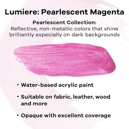 Jacquard Lumiere 8oz Fabric Paint Pearlescent Magenta - Metallic Paint for Fabric, Leather, Canvas, Paper and Wood - Light-bodied Metallic Acrylic Paint - Lightfast & Vibrant Metallic Acrylic Paints - color: Pearlescent Magenta, size: 8 Fl Oz (Pack of 1)
