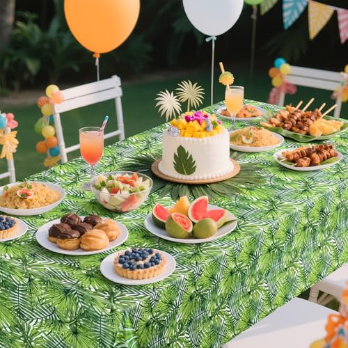 2 Pack Jungle Tablecloths, 54x108", Tropical Palm Leaf Party Decor | Two Coordinating Palm and Monstera Prints with Waterproof PE Protection for Jungle, Tiki, rainforest and tropical parties