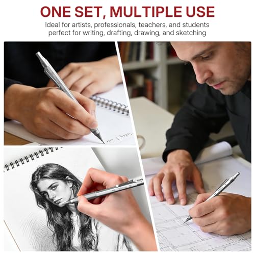 WUO Mechanical Pencil Set, 4 Pack 0.5mm & 0.7mm Metal Drafting Pencils | Mechanical pencils with 480 HB leads, eraser pen, 4B erasers, case for technical drawing, sketching, writing & school - color: Black+Sliver