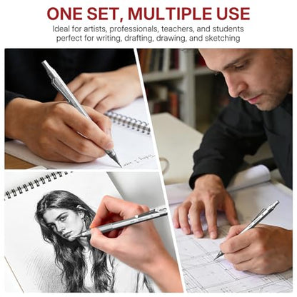WUO Mechanical Pencil Set, 4 Pack 0.5mm & 0.7mm Metal Drafting Pencils | Mechanical pencils with 480 HB leads, eraser pen, 4B erasers, case for technical drawing, sketching, writing & school - color: Black+Sliver