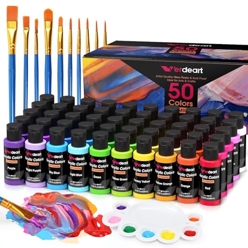 Acrylic Paint Set - 50 Colors 2 oz/59 ml Acrylic Paints for Professional Artists with 10 Brushes , Art Supplies for Painting Canvas Rock Wood Ceramic Glass Art Craft Painting, Rich Pigments Lasting Quality for Beginners, Students & Professional Artist - s