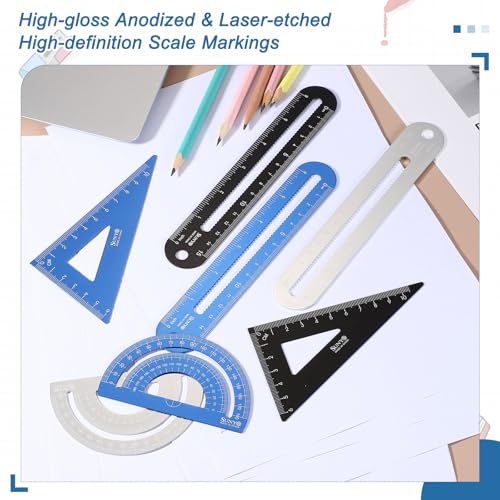 HARFINGTON 4pcs Triangular Ruler Set 15cm/6" Aluminum Alloy Straight Geometric Protractor Triangle Engineering Scale Drafting Ruler Kit Measuring Drawing Tool for Classroom Office Home, Black - color: Black