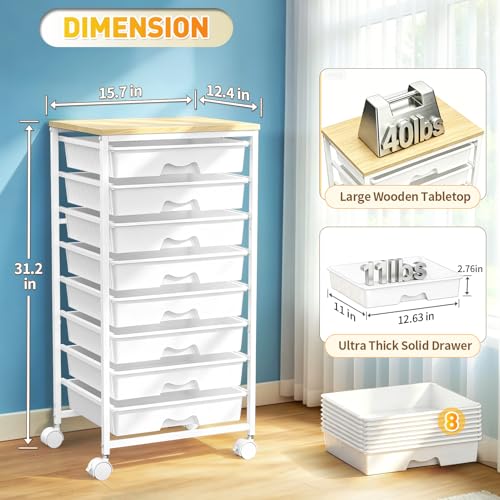 SUNALLY Rolling Cart With 8 Drawers,Storage Drawer Cart for Craft Art,White | Storage Utility Cart with Wooden Tabletop & 2 Lockable Wheels, Teacher Storage Cart for Classroom School Storage, Makeup,Nail - color: White