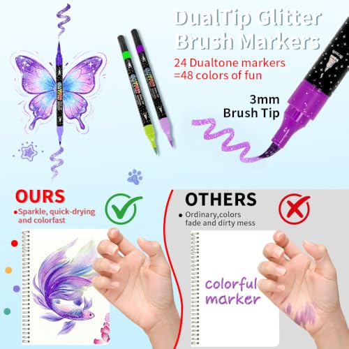 48 Colors Duo Glitter Effect Brush Markers, 24 Pack Water-based Ink Glitter Pens, Metallic Sparkle Markers for Doodle Writing, Glitter Art Crafts Gifts Trendy Stuff Art Supplies Drawing Supplies
