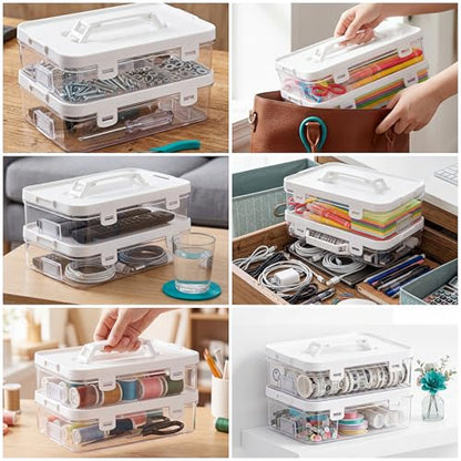 2 Pack Plastic Craft Storage Box with Lid, Clear Stackable Pencil Case, Portable Art Supply Organizer with Handle, Small Carrying Crayon Container for Sewing Ornament Nail Polish Tape