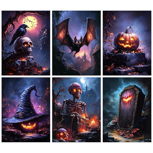 MRMIOOM 6 Packs Halloween 5D Diamond Art Kits for Adults, Pumpkin Diamond Painting Kits for Beginners, Horror Full Drill Diamond Dots,Gem Art Crafts for Adults Wall Decor 12x16in - color: 6P-D047-D052-US