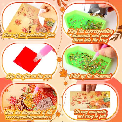 Saillong 12 Pack Fall Diamond Painting Greeting Card Kits DIY Thanksgiving Diamond Art Cards with Envelopes Pumpkin Turkey 5D Rhinestones Paint Card for Adults DIY Crafts Family Friend Birthday Gifts - color: Turkey