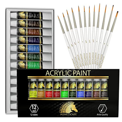 MyArtscape Artist Quality Painting Set - Acrylic Paint - 12 x 12ml Tubes with Miniature Paint Brushes - Set of 12 for Detail & Fine Point Painting