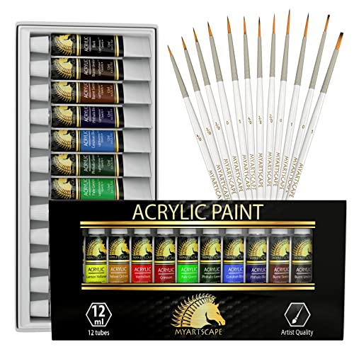 MyArtscape Artist Quality Painting Set - Acrylic Paint - 12 x 12ml Tubes with Miniature Paint Brushes - Set of 12 for Detail & Fine Point Painting