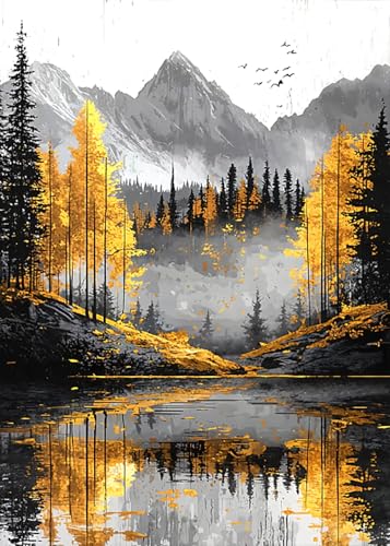 Landscape Mountain Lake Forest Diamond Art Painting Kits for Adults, Diamond Painting Kits for Adults Beginners, 5D DIY Full Drill Diamond Dot Gem Art Kits for Adult, Home Wall Decor 11.8x15.7 Inch - color: Fall Golden Forest Landscape