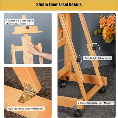 Art Easel for Painting, H-Frame Standing Studio Painting Easel | Tilting Flat Adjustable with Wheels for Adults Artist, Can Holds 2 Canvases