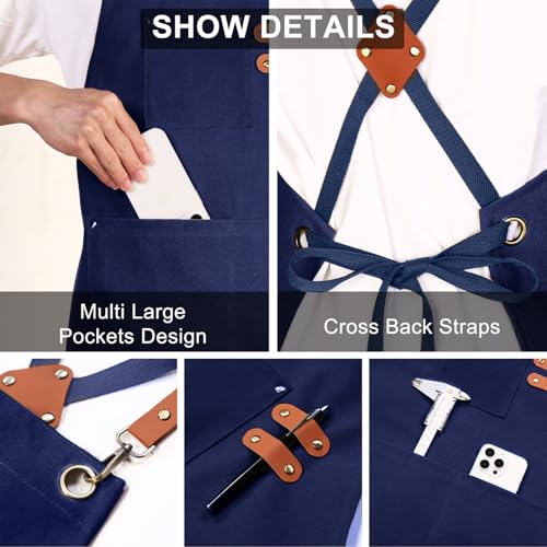ZOMAO Chef Apron for Women Men with Large Pockets, Cotton Canvas Cross Back Waterproof Work Aprons for Kitchen Cooking Bib - color: Blue