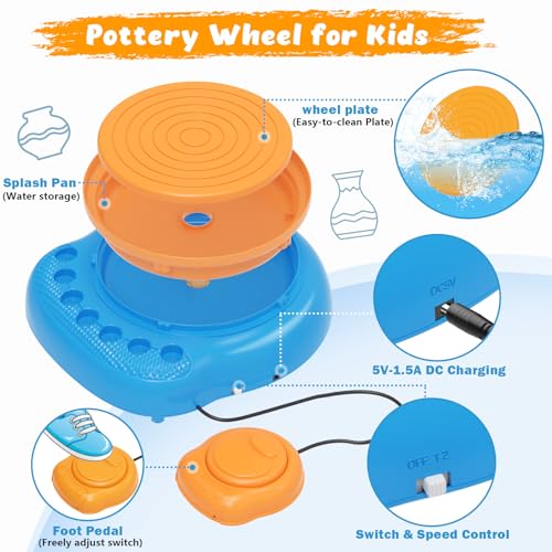Pottery Wheel for Kids with Air Dry Clay Kit, 12 Paints & Tools, Ages 6-12 | No kiln needed: shape on the electric wheel, air-dry & paint. Gentle beginner speed; kit adds 3 clay packs, tools & apron - color: yellow/blue