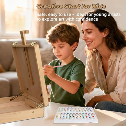 Portable Tabletop Easel Set 36-Piece Acrylic Paints Brushes Canvas DIY Pad | Wooden art kit with 24 acrylic paints, brushes, stretched canvas, storage box, non-toxic travel-friendly starter - size: art easel box-36pk