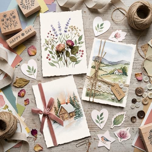 50 Sheets Deckled Edge Handmade Paper, 4” x 6” Rough Textured Watercolor Paper, 160 GSM, White, Cotton, Ideal for Wedding Birthday Invitations Greeting Cards DIY Crafts - color: 50 Sheets