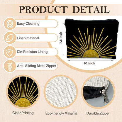 Boho Makeup Bag, Boho Abstract Black and Gold Sun Sunshine Makeup Bags for Women, Boho Gifts for Women, Boho Makeup Pouch Zipper Pouch, Aesthetic Makeup Bag - color: Abstract gold Sunshine
