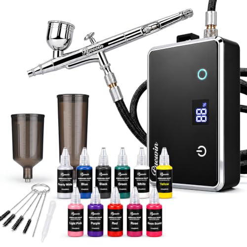32PSI Cordless Airbrush Kit with Compressor & 11 Acrylic Paints | 0.38mm Anti-Clog Nozzle, Smart LED Display, 4 Pressure Levels, Model Painting, Nail Art, Barber, 1000mAh Rechargeable - color: Airbrush With Paint Set