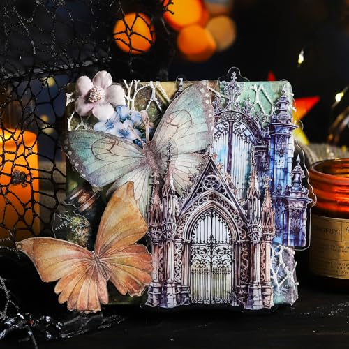 60PCS Moonlight City PET Stickers, Large Gothic Castle Stickers for Scrapbooking, DIY Crafts, Journaling, and Junk Journal Ephemera with Organizer - color: Moonlit City
