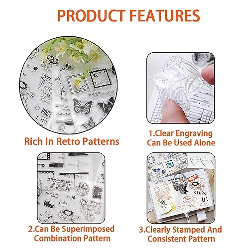 4 Themes 60Pcs Clear Stamps, Retro Rubber Clear Stamp, Transparent Silicone Stamps Seal for DIY Scrapbooking Card Making Decoration, Style D - style: Style D