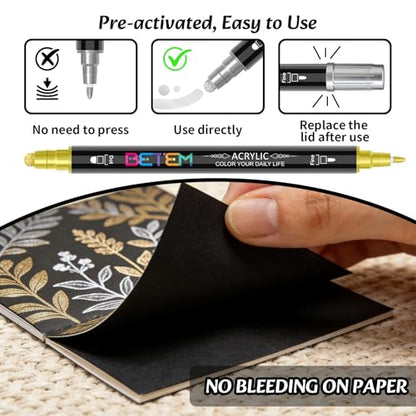 Betem 6 Gold&Silver Dual Tip Acrylic Paint Markers, Fabric Decorating Kits Premium Water-Based Acrylic Paint Pens Art Supplies for Fabric, Rock, Wood, Glass, Canvas, Ceramic, Teacher Appreciation Gift