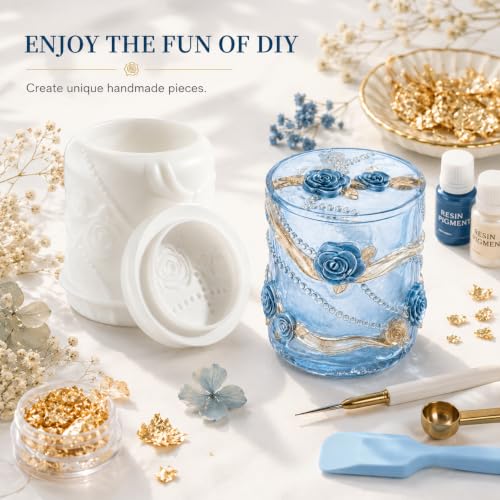 3D Rose Jar Resin Mold with Lid, Floral Silicone Mold for Epoxy Casting | Pearl, Ribbon and Rose Details Create a Decorative Jar for Jewelry, Wrapped Candy, Keepsakes, Candle Vessels and Gifts
