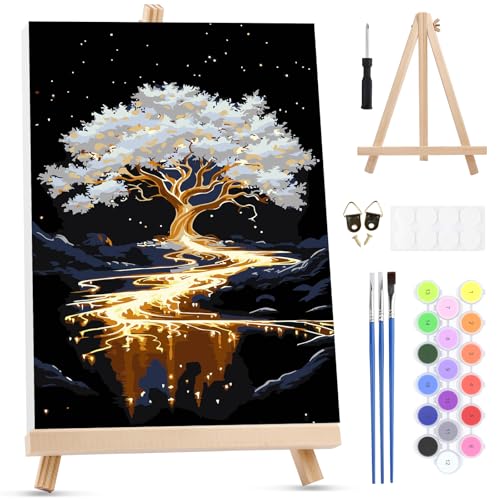MXJSUA White Tree Framed Paint by Numbers for Adults Beginners, Easy Adults' Paint-by-Number Kits on Canvas with Easel, Acrylic Number Painting Crafts Gifts for Home Decor, 8x12 inch - color: White Tree