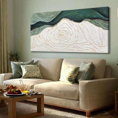Dolidoteart Canvas Wall Art, Green Abstract Wall Art Print with Textured Hand-Painted Look, Sage Green Cream Gold Horizontal Artwork for Office Living Room Bedroom, 24x48 Inch - color: Green and White, size: 48"L x 24"W