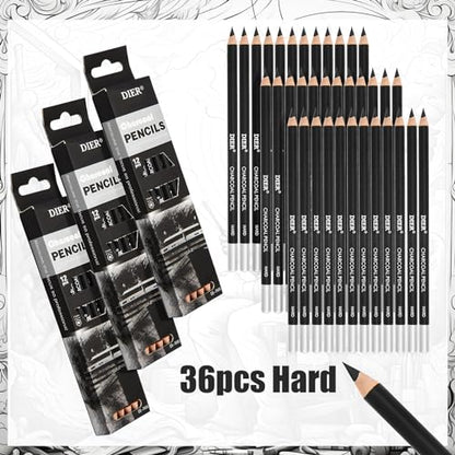 Geyoga 36 Pcs Professional Charcoal Pencils Soft, Medium and Hard for Drawing Charcoal Pencils for Sketching Shading Drawing Blending Portrait(Black, Hard) - style: Hard