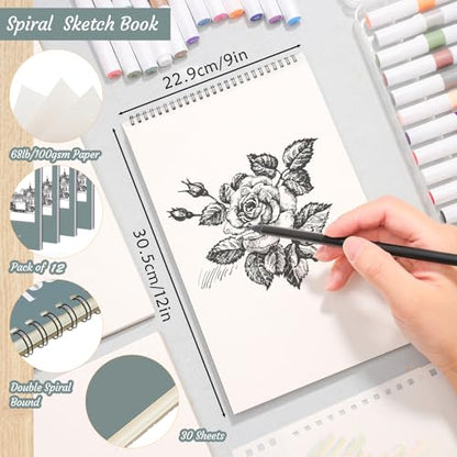 12 Pack Sketch Books 9 × 12 in, Top Spiral, 30 Sheets, Acid Free Paper - color: Light Cyan, size: 9 × 12Inch（12 Pack）