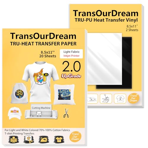 TransOurDream Tru-Iron on Heat Transfer Paper for Light Fabric (20+2 Sheets, 8.5x11") Printable Iron on Transfers Paper for Inkjet Printer & Heat Transfer Vinyl for T Shirts (L2-BW-22) - color: Light-BW, size: 20 Sheets