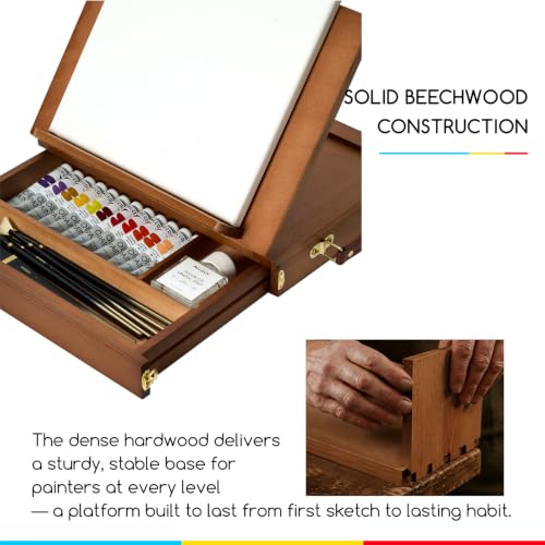 MEEDEN Wooden Tabletop Easel with Drawer: Solid Beech Wood Pochade Box with Storage & Sketching Board - Portable Painting Easel for Artist, Art Students, Beginners & Kids, Canvas up to 11" × 14" - color: Walnut