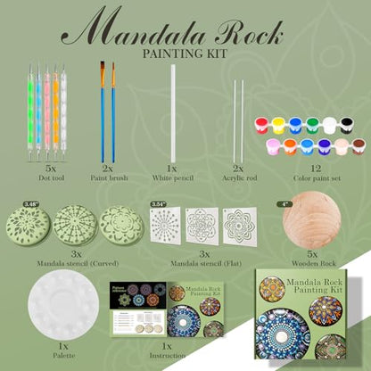 Mandala Rock Painting Kit - Mandala Dotting Tools Kit - 5 Large Wooden Rocks for Painting with 6 Stencil Supplies, Dotting Tools for Painting - Dot Art and Crafts for Adults Women - Mothers Day Gift