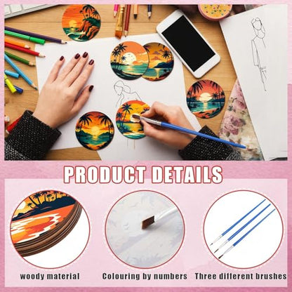 Reallnaive 8 Pcs Beach Paint by Numbers Kit for Adults Coastal Coasters | Mini Paint by Numbers, Tiny Palm Trees Sunset Round Oil Painting Drink Coaster with Holder, for Small DIY Craft Birthday Gift - style: Beach