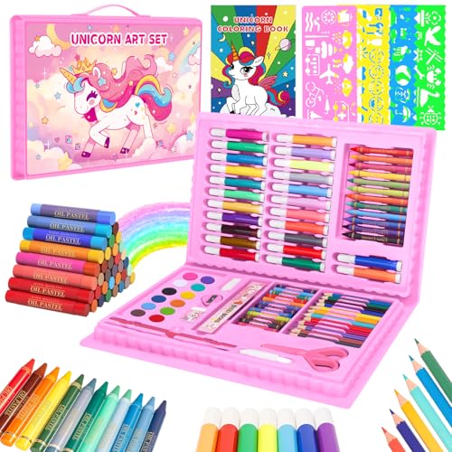 homicozy Art Supplies, Unicorn Drawing & Coloring Set with Crayons, Colored Pencils, Markers, Sketchbook, Watercolor Cakes, Stencils, Arts and Crafts Painting Kit for Kids Ages 4-10, Girls Boys Gift - color: Pink Unicorn
