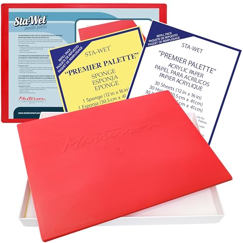 Masterson Sta-Wet Premier Palette Bundled Set, 12in x 16in Airtight Wet Painting Palette, with 30 Acrylic Paper Refill Sheets and 1 Sponge Refill Pack, Keeps Wet Paint Fresh for Days, Made in USA