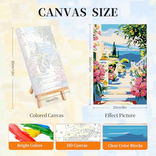 4 Pack Paint by Numbers Kit for Adults with Frame, Seaside Town Landscape | DIY Acrylic Painting Kit with Wooden Easel, Framed Paint by Number for Beginners, Home Wall Decor & Gift, 8 x 12 Inch - color: OP4FUS2506-05