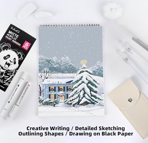 LIULIUCAI 6Pcs White Pens Set, White Gel Pen, Dual-Tip Acrylic Paint Pen | White Ink Pens, Long Nib Marker, Opaque Brush Tip Acrylic Markers for Black Paper Drawing, Sketching, Illustration, Card