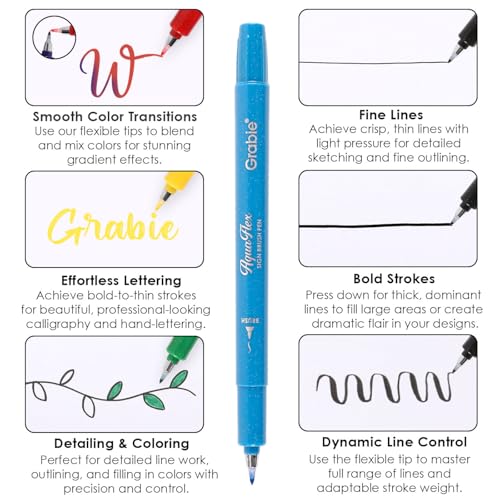 Grabie AquaFlex Sign Brush Pen Set of 12 – Flexible Brush Tip with Waterproof, Archival Ink for Calligraphy, Journaling, Drawing & Illustration – Vibrant, Quick-Drying, Non-Toxic & Smudge-Proof