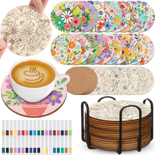 Reallnaive 77 Pcs Flower Coasters Painting Kit, 20 Set Wooden Drink Coasters 4 Inch with Holder & Markers Boho DIY Crafts for Adults, Women, Hobby, Color Your Own Art Craft Supplies - style: Flower