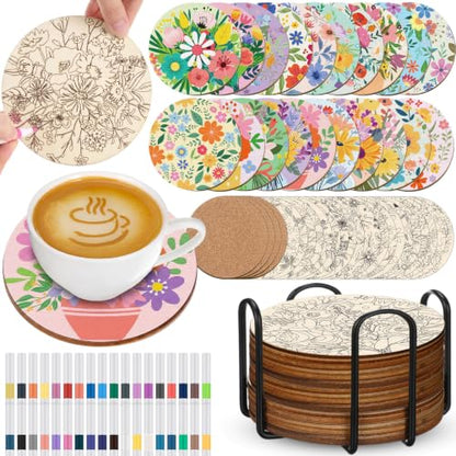 Reallnaive 77 Pcs Flower Coasters Painting Kit, 20 Set Wooden Drink Coasters 4 Inch with Holder & Markers Boho DIY Crafts for Adults, Women, Hobby, Color Your Own Art Craft Supplies - style: Flower