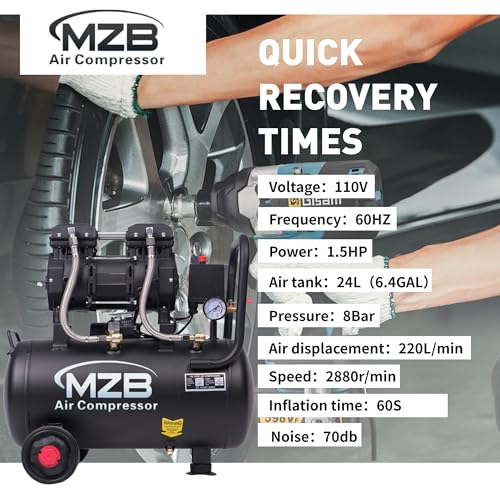 MZB 6.4 Gallon Ultra Quiet Air Compressor 110V/60Hz 1.5HP 7.41CFM MAX 115PSI Steel Tanks Oil-Free 70dB Noise Level Air Compressor with Wheels for Spray Painting, Auto Repair, Carpentry Decoration - size: MZB-1100H-24