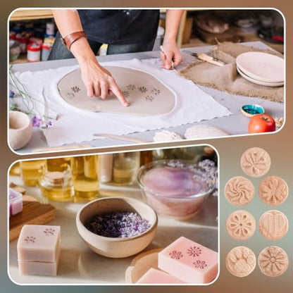 OLYCRAFT 7PCS 2x0.8 Inch Wood Pottery Tools Stamps Polymer Clay Stamp Column Wooden Stamps Round Pottery Stamp with Mixed Patterns for Clay and Ceramic