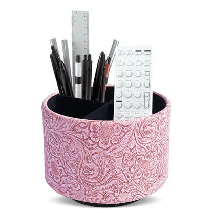 Round Leather Art Supply Organizer,Remote Control Holder,360 Degree Spinning,Multi-Functional Pencil Holder,4 Compartments Desktop Stationary Organizer(1-Carved Pink) - color: 1-Carved Pink