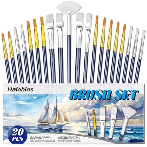 Halobios Paint Brushes Set, 20PCS Painting Brushes Different Types of Brushes for Acrylic Paint, Watercolor, Oil, Paint Brushes Bulk for Nail, Face Art, Craft, Rock Painting and School Project - size: 20-Mix