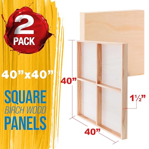 U.S. Art Supply 40" x 40" Unfinished Cradled Wood Panels for Painting, Gallery 1-1/2" Deep (2 Pack) - Artist Depth Wooden Wall Canvases - Mixed-Media Craft, Acrylic, Oil, Encaustic, Paint Pouring