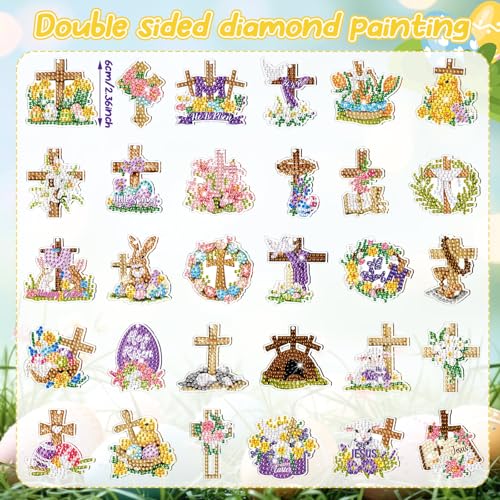 WILLBOND 30 Pcs Easter Diamond Art Keychain Kits He is Risen 5d DIY Double Sided Diamond Painting Keychain Religious Christian Cross Hanging Ornaments for Adults Beginners Key Ring Pendant Crafts - color: Cross