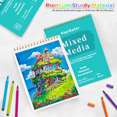 Mixed Media Sketchbook 7"x10" Multimedia Sketchbook, 30 Sheets Sketch Book | Top Spiral Bound Sketch Book, 98lb/160gsm Mixed Media Paper, Watercolor Paper Sketch Pads for Drawing, Painting, Art Supplies - size: 7" x 10"