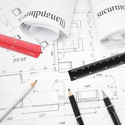 HARFINGTON 2 Pcs Architectural Scale Ruler, 7 Inch Metric Aluminum Alloy Architect Triangular Small Scale Laser-Etched Blueprint Drafting Ruler for Architects Engineers, Rose Red - color: Rose Red, size: 7 Inch