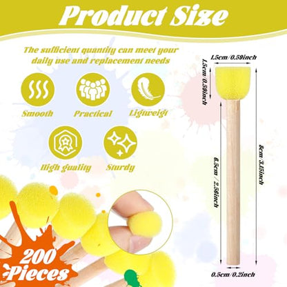 200 Pcs Round Sponge Paint Brush Set with Wooden Handle, Round Paint Sponge Daubers for Acrylic Crafts, Stippling & DIY Art Projects (0.59 Inch Yellow Sponges Head, 3.15 Inches Long)